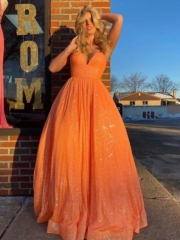 metallic evening gown-Shiny V Neck Backless Orange Long Prom Dresses, V Neck Orange Formal Dresses, Sparkly Orange Evening Dresses