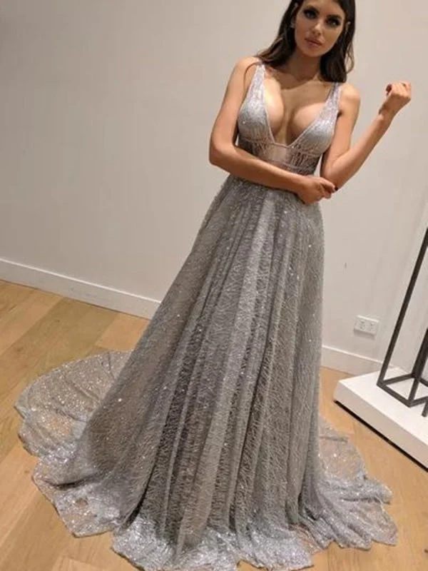 mermaid evening dress-Shiny V Neck Backless Silver Grey Long Prom, Backless Silver Grey Formal Graduation Evening