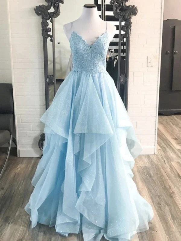 evening dress with cape-Shiny V Neck Blue Lace Long Prom, Blue Lace Formal, Fluffy Blue Evening