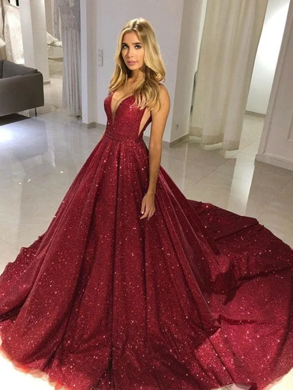 black lace evening dress-Shiny V Neck Burgundy Sequins Long Prom Dresses, Burgundy Formal Evening Dresses, Sparkly Ball