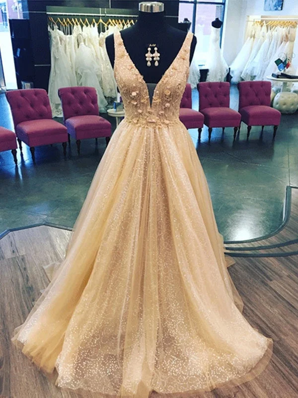 beaded bodice evening gown-Shiny V Neck Champagne Floral Long Prom, Champagne 3D Flowers Formal Evening