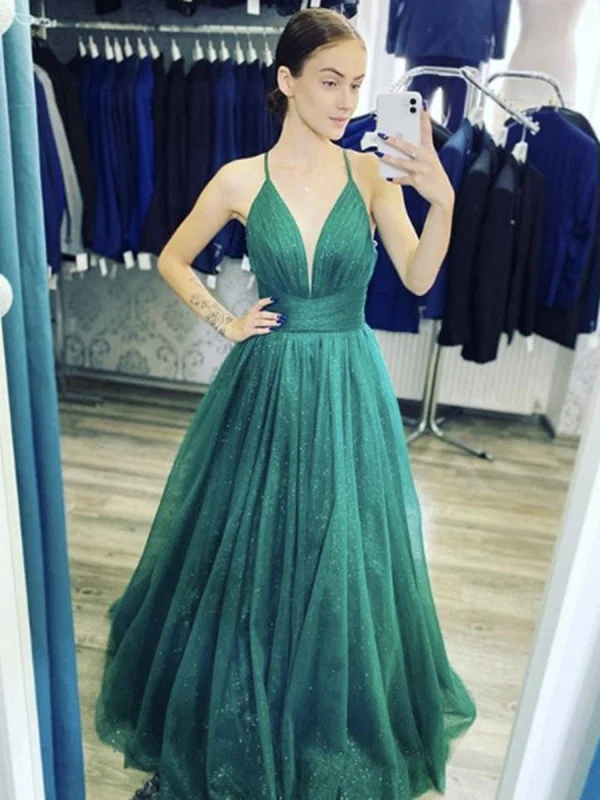 elegant formal black evening gown-Shiny V Neck Dark Green Long Prom, Dark Green Formal Graduation Evening