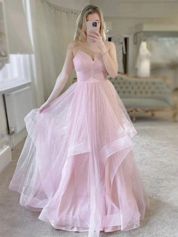 lace evening dress-Shiny V Neck Fluffy Pink Long Prom Dresses, V Neck Pink Formal Evening Dresses, Pink Ball Gown