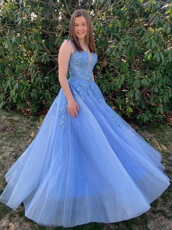 evening gown with appliqu茅s-Shiny V Neck Long Blue Lace Prom, Blue Lace Formal Graduation Evening