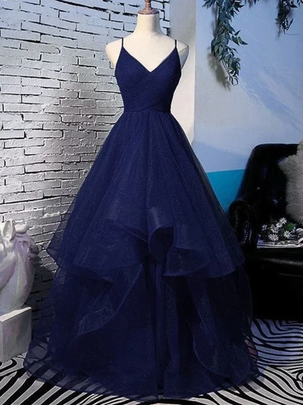 pleated evening gown-Shiny V Neck Navy Blue Long Prom Dresses, Fluffy Navy Blue Formal Evening Dresses, Sparkly Ball