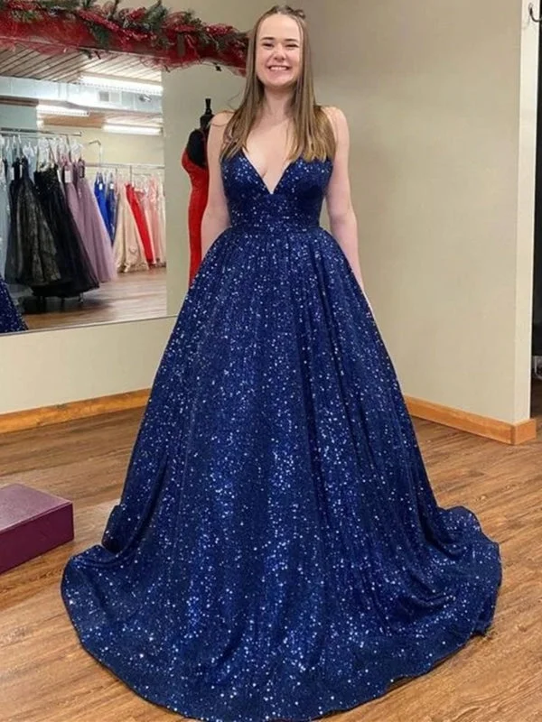 ruched evening gown-Shiny V Neck Navy Blue Long Prom Dresses, Sparkly Navy Blue Formal Evening Dresses, Ball Gown