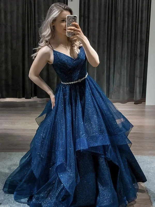 evening gown with crystal embellishments-Shiny V Neck Navy Blue Long Prom with Belt, Fluffy Navy Blue Formal, Sparkly Blue Evening