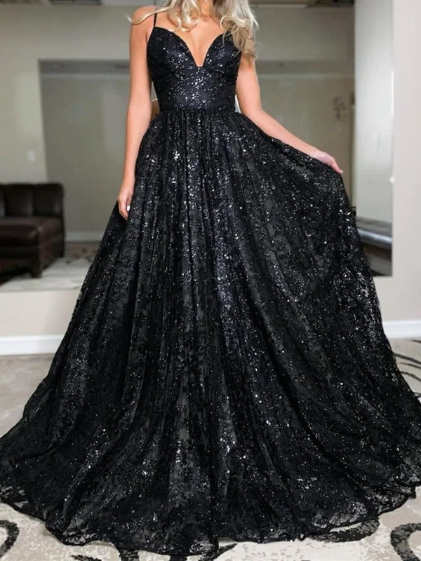 glamorous evening gown-Shiny V Neck Open Back Black Long Prom, Backless Black Formal, Sparkly Black Evening