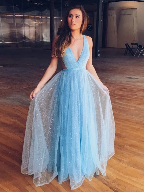 elegant white evening dress-Shiny V Neck Open Back Sequins Light Blue Long Prom, Open Back Light Blue Formal, Sparkly Light Blue Evening