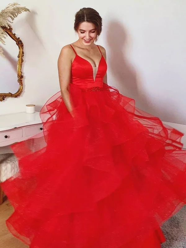 evening dress with mesh overlay-Shiny V Neck Open Back Puffy Red Tulle Long Prom Dresses, Red Tulle Formal Evening Dresses