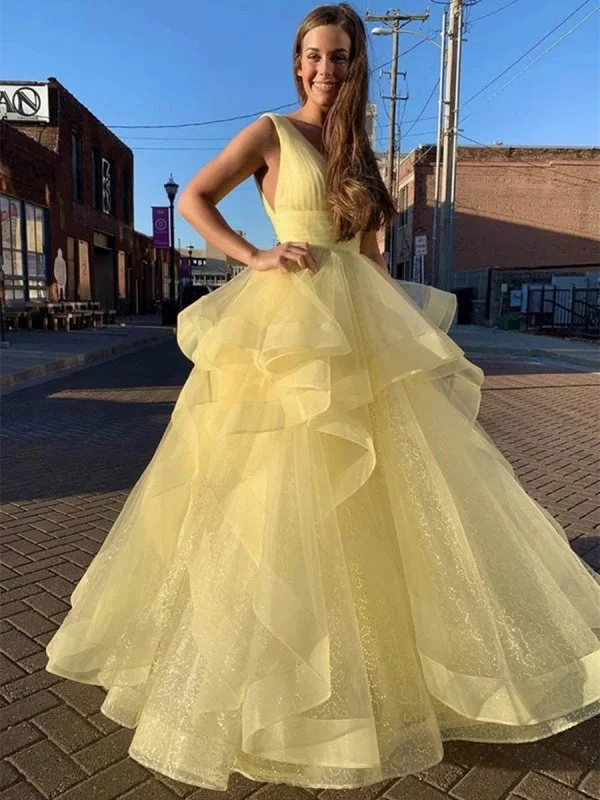 evening dress with lace appliqu茅-Shiny V Neck Sequins Yellow Long Prom Dresses, Fluffy Yellow Formal Evening Dresses, Sparkly Ball