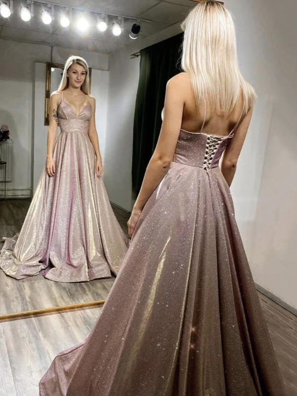 evening dress with lace appliqu茅-Shiny V Neck Thin Straps Pink Sequins Long Prom, Open Back Pink Formal Evening