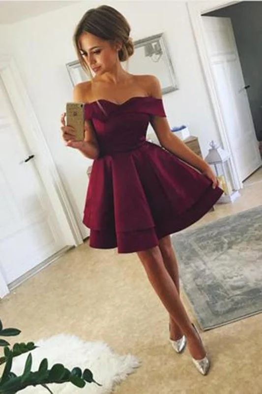 floor-length evening gown-Short Satin Off-The-Shoulder Homecoming Dresses A Line Mini Ruched Prom Dress