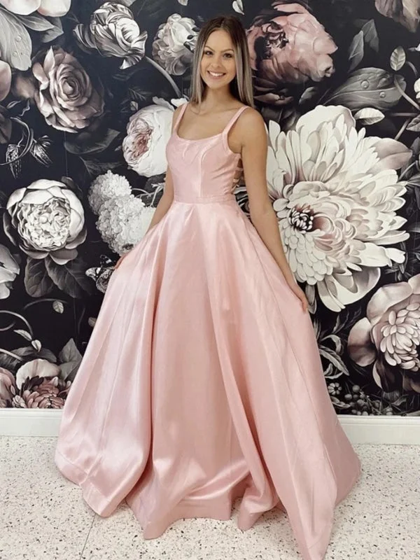 elegant ball gown evening dress-Simple A Line Pink Satin Long Prom, Long Pink Formal Evening