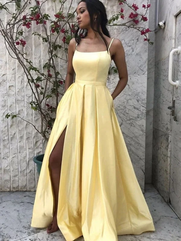 evening gown with high-low hem-Simple A Line Spaghetti Straps Long Yellow Prom Dresses with Pockets, Yellow Formal Graduation Evening Dresses with