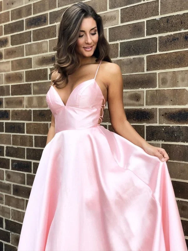 evening gown with pleated skirt-Simple A Line V Neck Backless Pink Satin Long Prom, Backless Pink Formal, Pink Evening