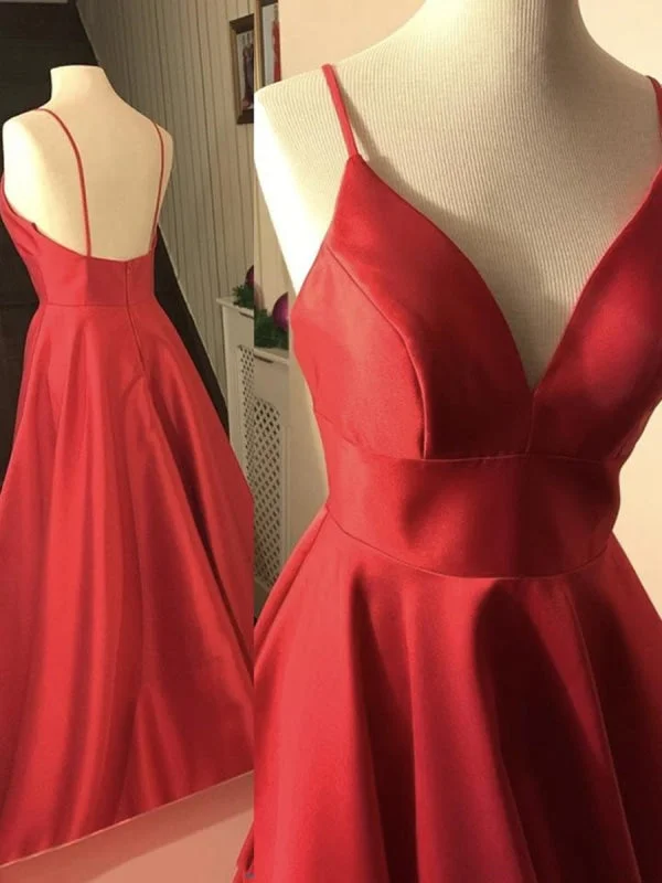 bodycon evening gown-Simple A Line V Neck Backless Red Satin Long Prom, Backless Red Formal, Red Evening