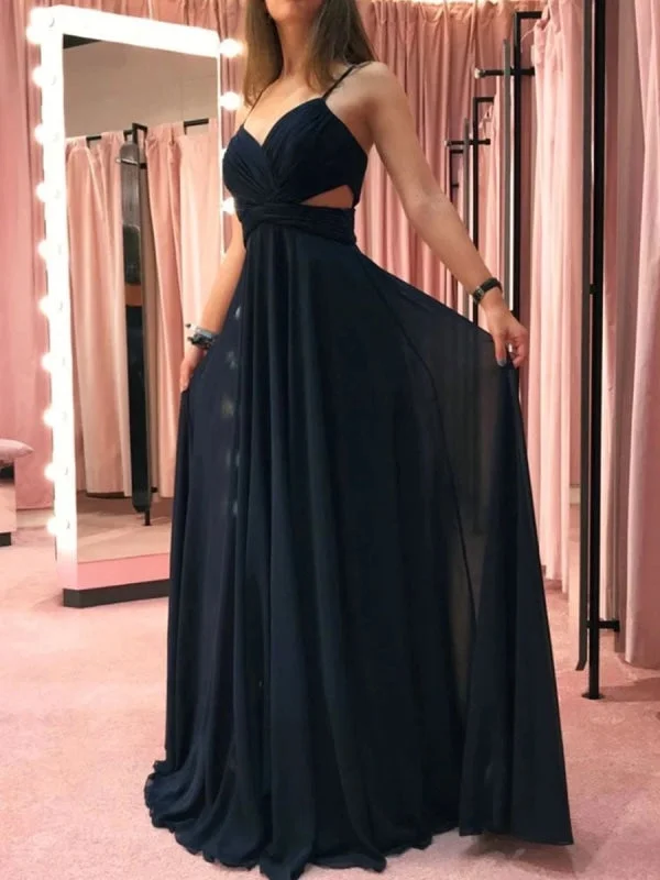 high slit evening dress-Simple A Line V Neck Black Chiffon Long Prom, V Neck Black Formal Graduation Evening