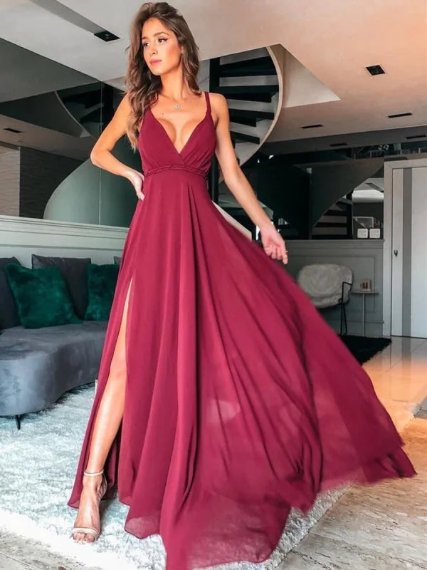 formal red evening dress-Simple A Line V Neck Burgundy Long Prom with Split, Burgundy Formal Graduation Evening