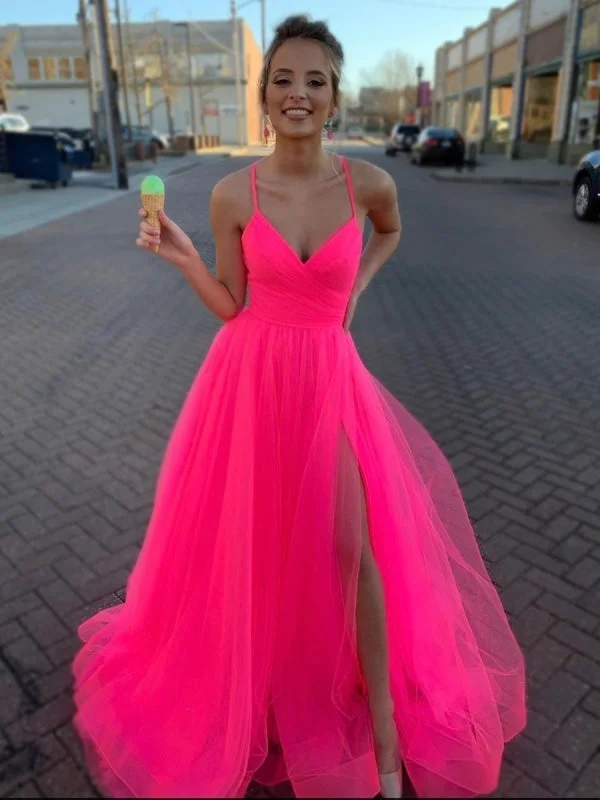 black lace evening dress-Simple A Line V Neck Coral Tulle Long Prom with High Split, V Neck Coral Formal, Coral Evening