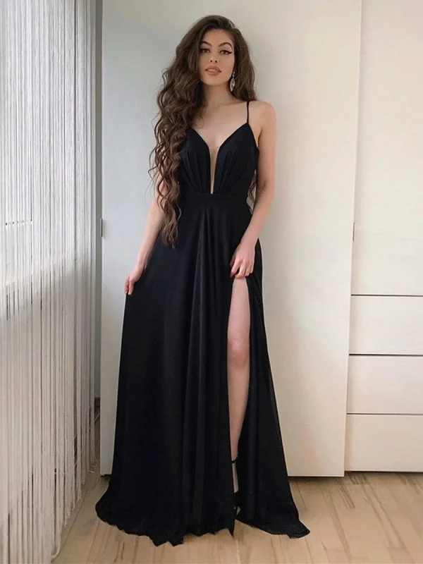 formal evening dress-Simple A Line V Neck Long Black Prom with High Slit, V Neck Black Formal Graduation Evening