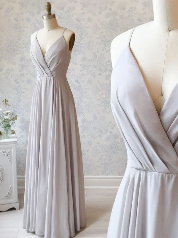 evening dress with sleeves and lace-Simple A Line V Neck Long Gray Prom, V Neck Gray Formal Graduation Evening