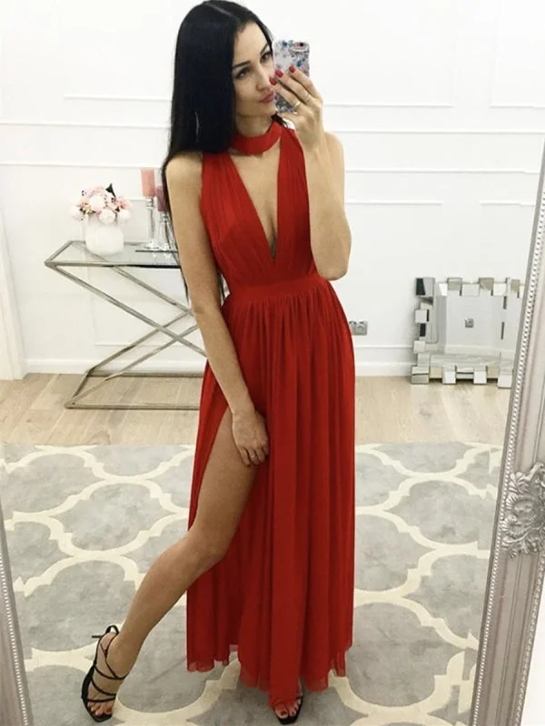 elegant lace overlay evening gown-Simple A Line V Neck Red Chiffon Long Prom with Slit, V Neck Red Formal, Red Evening