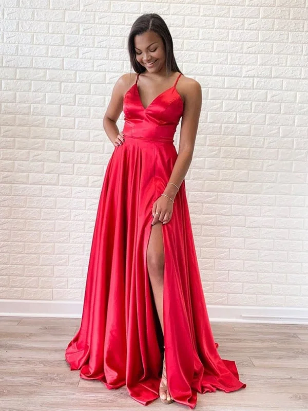 tulle evening gown-Simple A Line V Neck Red Satin Long Prom with Slit, V Neck Red Formal, Red Evening