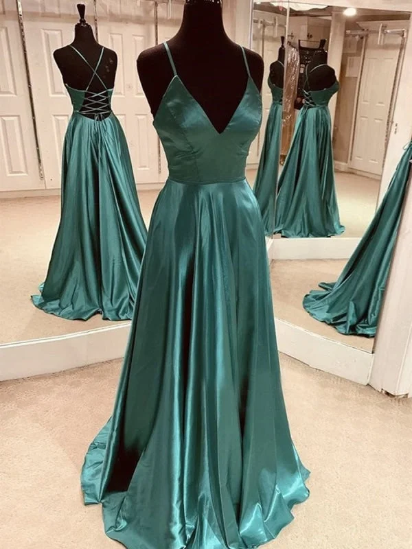 high slit evening dress-Simple A Line V Neck Satin Backless Green Long Prom, Open Back Green Formal Graduation Evening