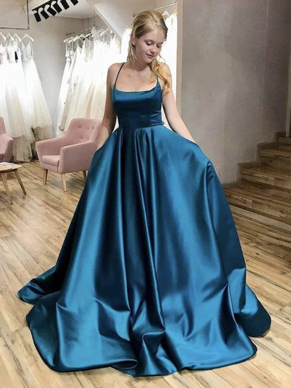 bodycon evening gown-Simple Backless Blue Satin Long Prom with Pocket, Thin Strap Blue Formal Evening