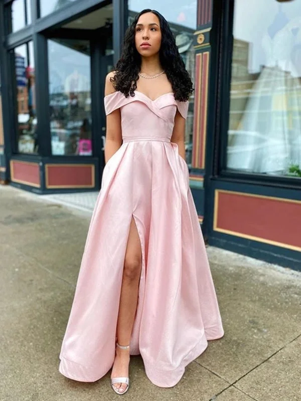 sparkly evening gown-Simple Off Shoulder Pink Long Prom with Slit, Off Shoulder Pink Formal, Pink Evening