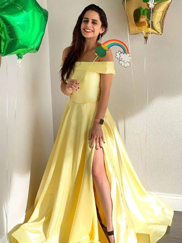 ruched evening gown-Simple Off Shoulder Yellow Satin Long Prom with Slit, Off Shoulder Yellow Formal, Yellow Evening