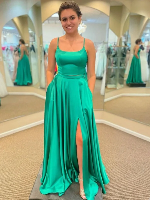 deep V-neck evening gown-Simple Open Back Green Satin Long Prom Dresses with High Slit, Long Green Formal Graduation Evening Dresses