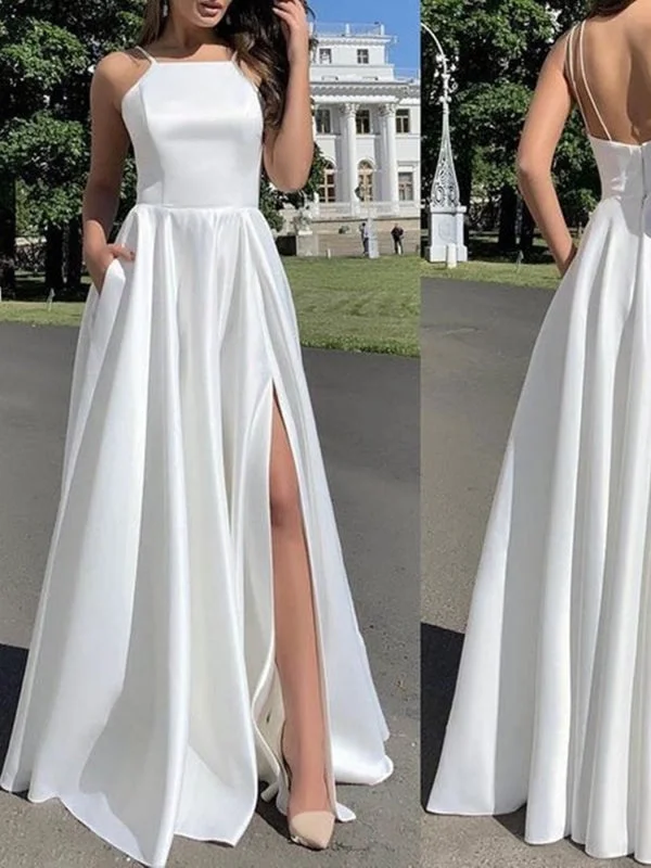 elegant cocktail evening dress-Simple Open Back White Satin Long Prom Dresses with High Slit, Long White Formal Graduation Evening Dresses