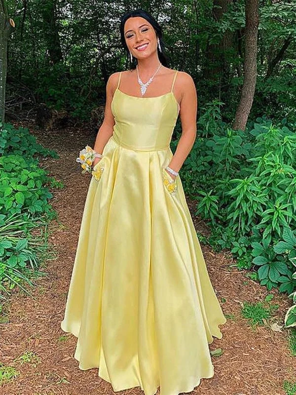 navy blue evening gown-Simple Open Back Yellow Satin Long Prom Dresses with Pocket, Thin Straps Yellow Formal Graduation Evening Dresses