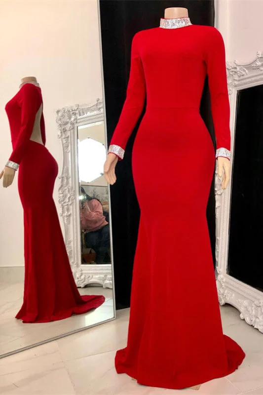 ball gown evening dress-Simple Red Long Sleeve Open-Back Mermaid Prom Dress