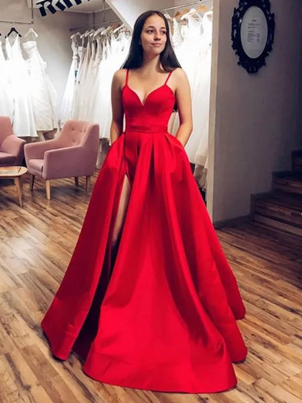 flared evening dress-Simple Red Satin Long Prom with High Slit, Red Formal Graduation Evening