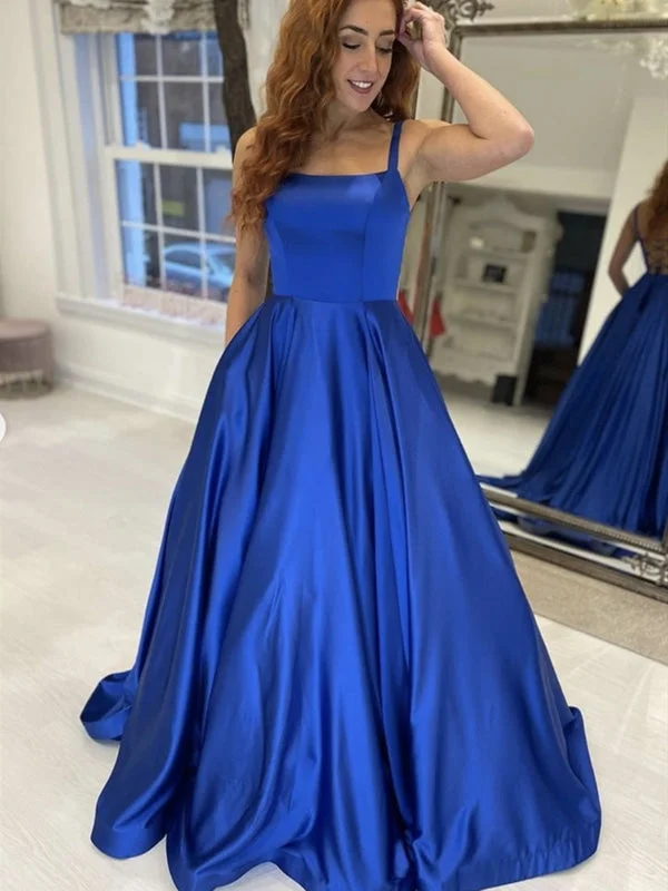 velvet evening gown-Simple Royal Blue Satin Long Prom, Royal Blue Formal Graduation Evening