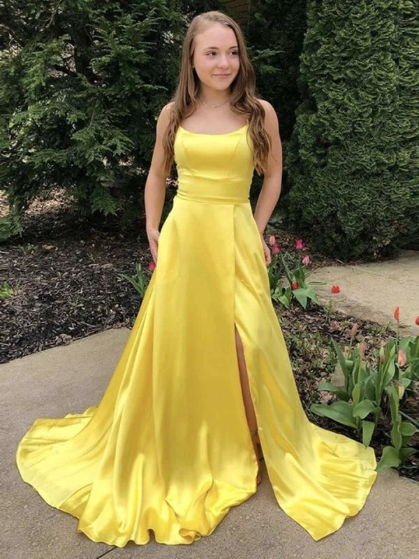 elegant lace overlay evening gown-Simple Scoop Neck Yellow Satin Long Prom with Slit, Yellow Formal Graduation Evening