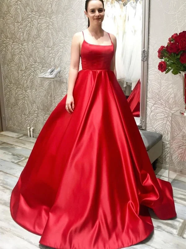 evening dress with lace appliqu茅-Simple Spaghetti Straps Long Backless Red Prom 2020, Backless Red Formal Graduation Evening, Red Party