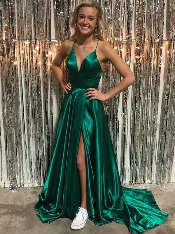 sequined formal evening dress-Simple V Neck Backless Green Satin Long Prom Dresses with High Slit, Backless Green Formal Dresses, Green Evening Dresses