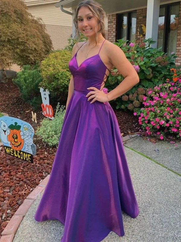 elegant evening attire-Simple V Neck Backless Purple Satin Long Prom Dresses, V Neck Purple Formal Dresses, Backless Purple Evening Dresses