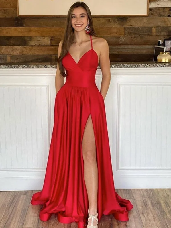 halter neck evening dress-Simple V Neck Backless Red Satin Long Prom Dresses with High Slit, V Neck Red Formal Dresses, Red Evening Dresses