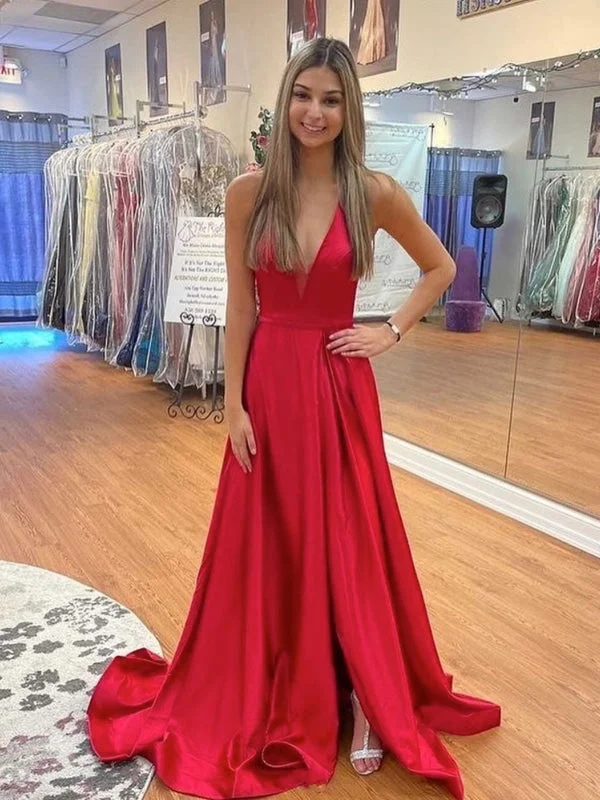 elegant peplum evening gown-Simple V Neck Backless Red Satin Long Prom Dresses with High Slit, V Neck Red Formal Graduation Evening Dresses