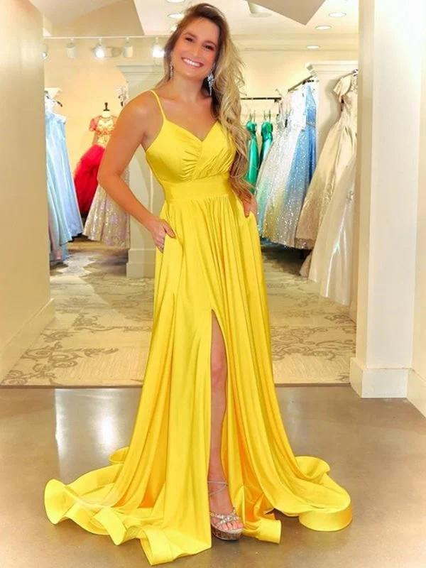 ruched evening gown-Simple V Neck Backless Yellow Satin Long Prom with Slit, Long Yellow Formal Evening