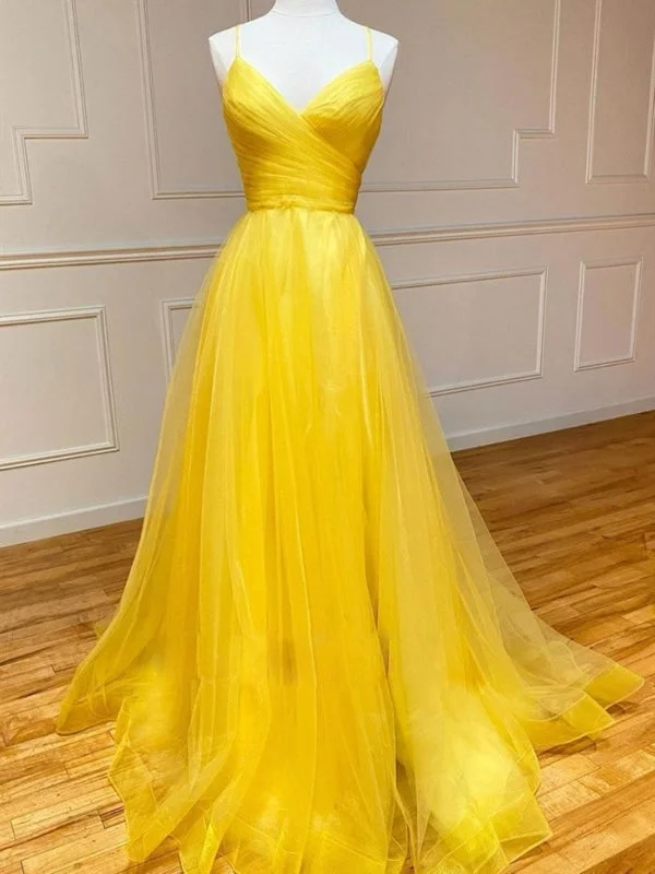 lace evening dress-Simple V Neck Backless Yellow Tulle Long Prom, V Neck Yellow Long Formal Evening