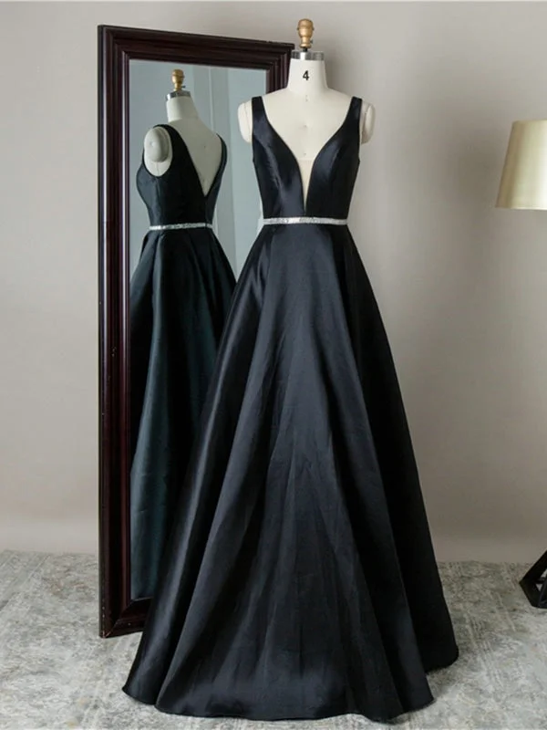 fit and flare evening dress-Simple V Neck Black Satin Long Prom Dresses with Belt, V Neck Black Formal Graduation Evening Dresses