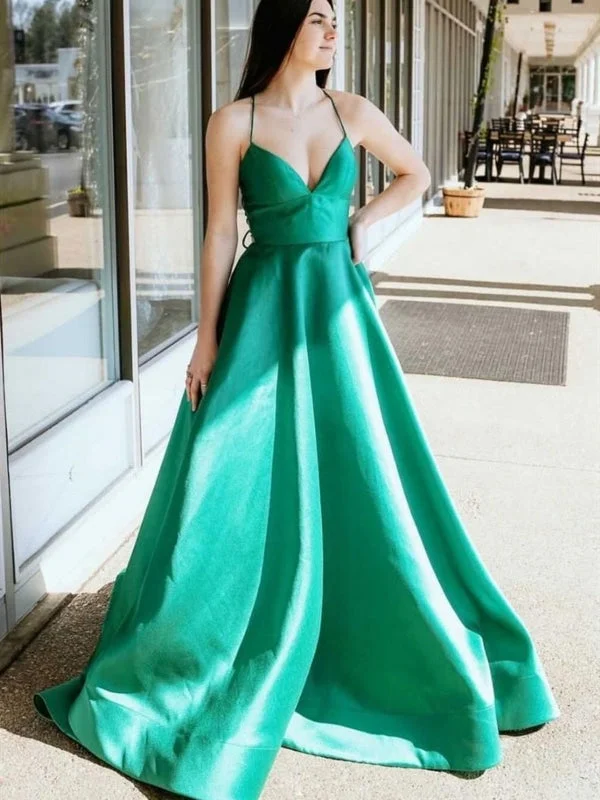 royal blue evening gown-Simple V Neck Green Satin Long Prom, V Neck Green Formal Graduation Evening