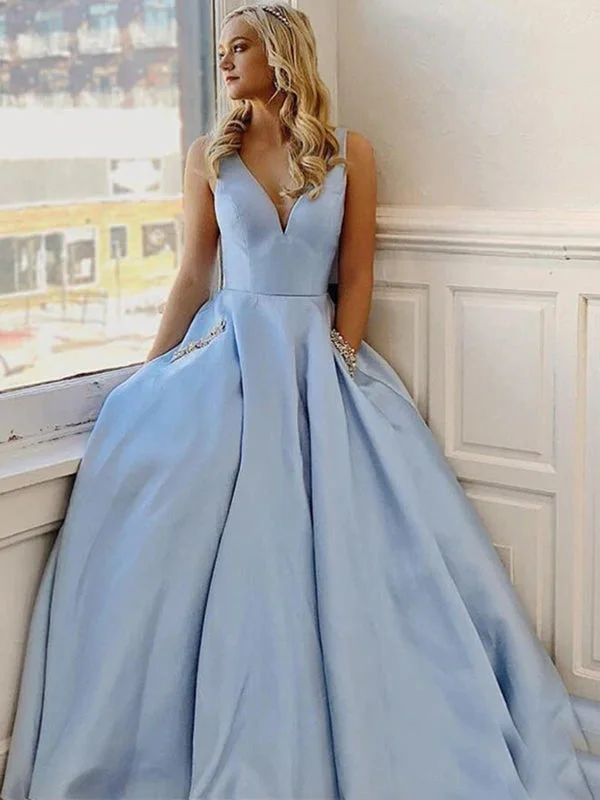 lace evening dress-Simple V Neck Light Blue Satin Long Prom Dresses, V Neck Light Blue Formal Graduation Evening Dresses