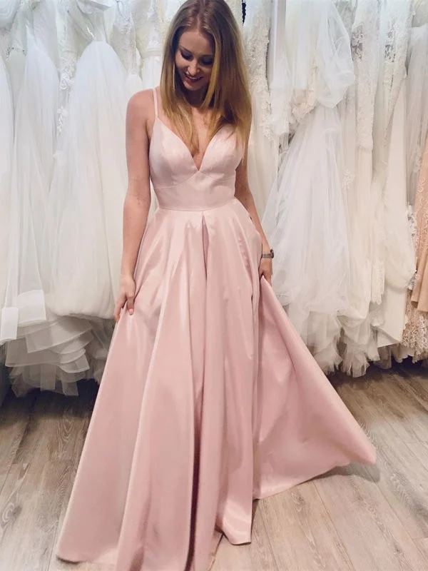 evening gown with appliqu茅s-Simple V Neck Pink Satin Long Prom, V Neck Pink Formal Graduation Evening, Pink Party